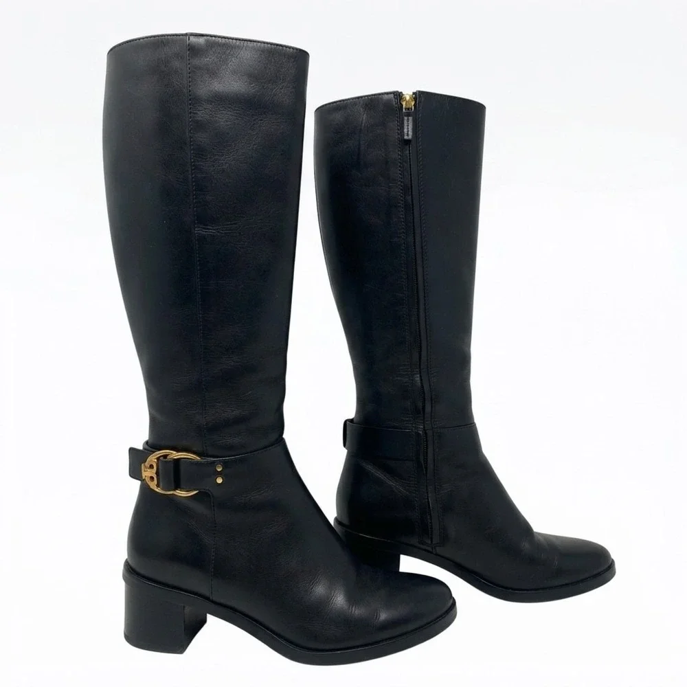 Tory Burch Black Leather Riding Boots Gold Buckle Tall Chic Equestrian 7.5 M